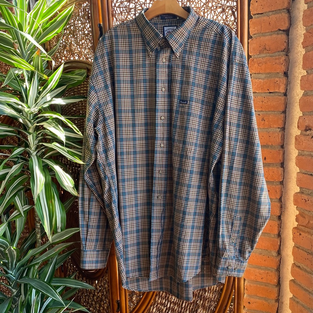 Faconnable Blue Plaid Casual Button Down Shirt Size XXL